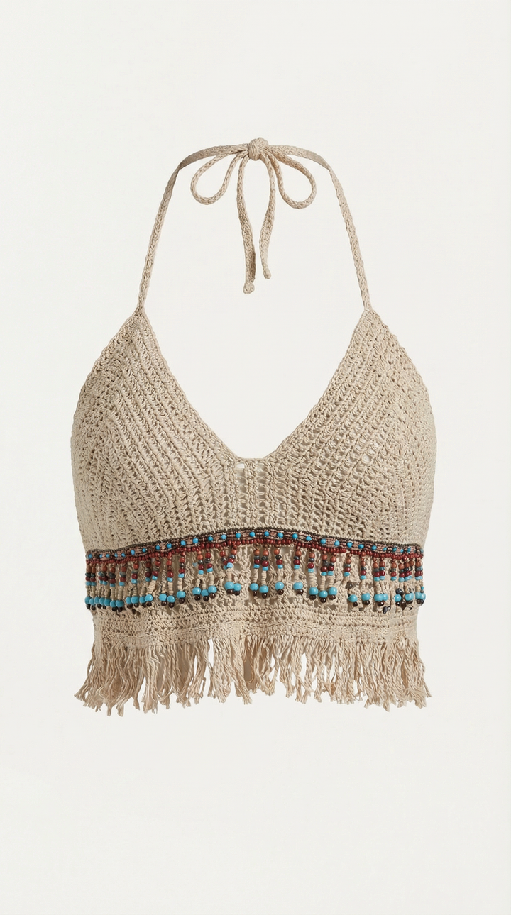 Elegante Halter de Ganchillo Celeste con Flecos