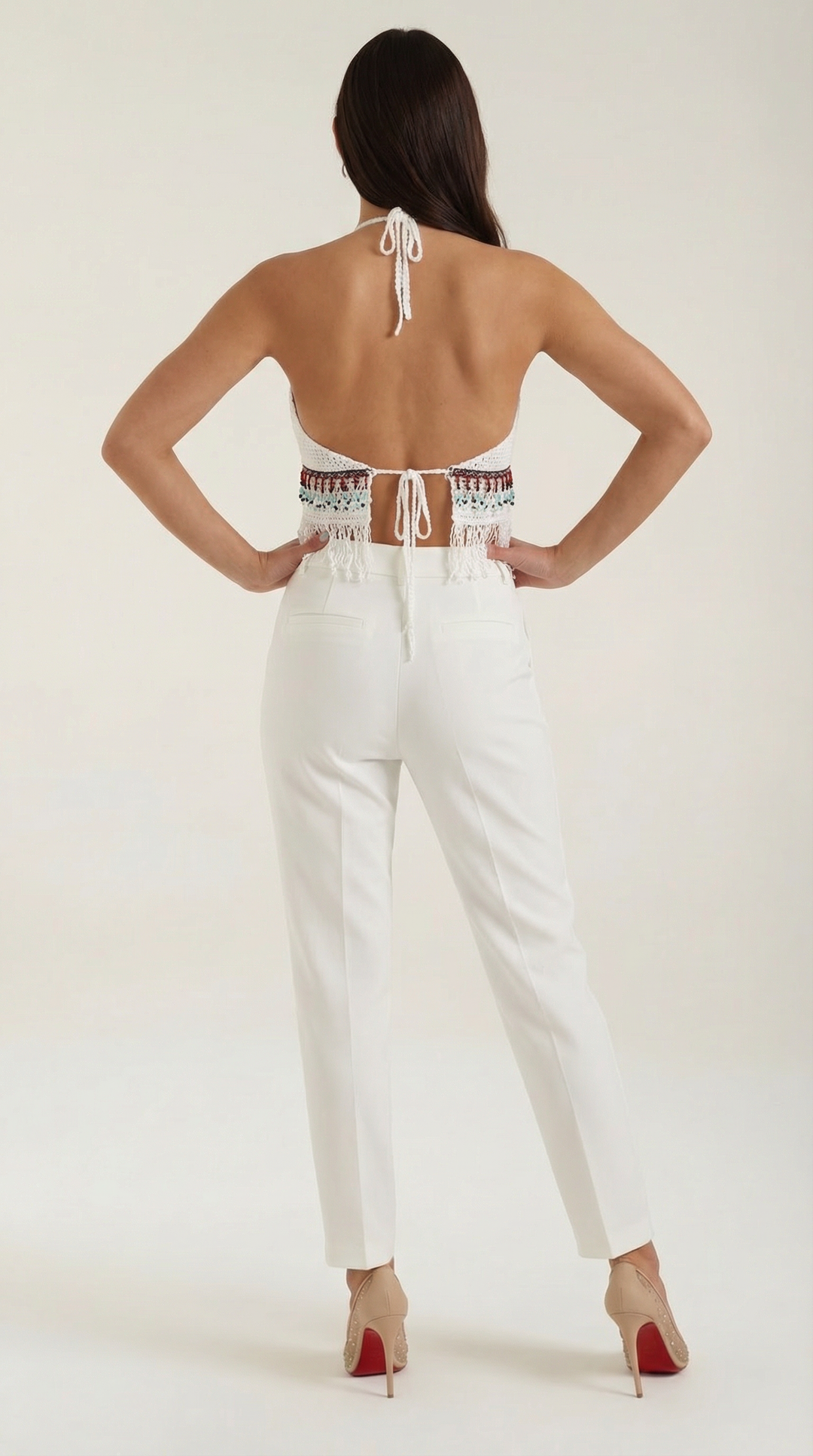 Elegante Halter de Ganchillo Celeste con Flecos