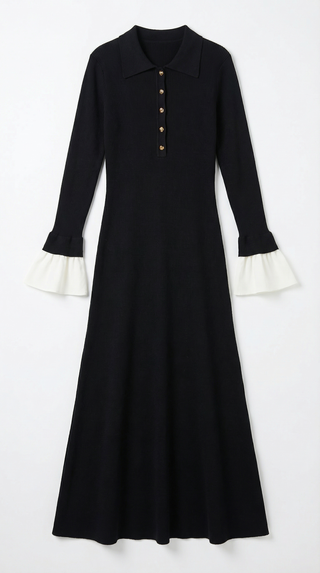 Vestido Maxi de Punto Charlotte con Puños de Color Contrastante