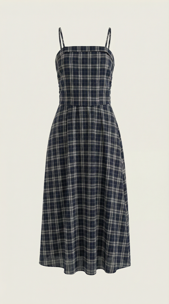 Vestido Midi de Verano a Cuadros con Escote Redondo