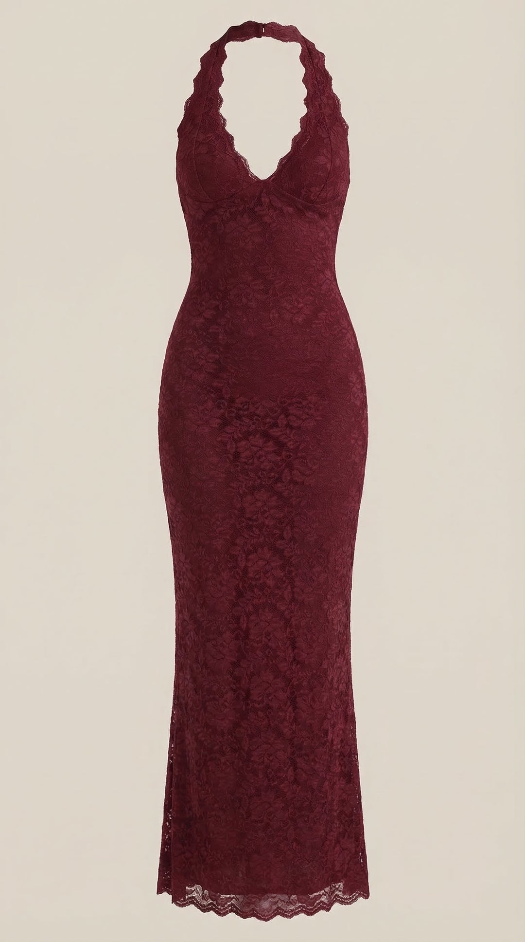 Vestido largo de encaje con escote halter Roxanne