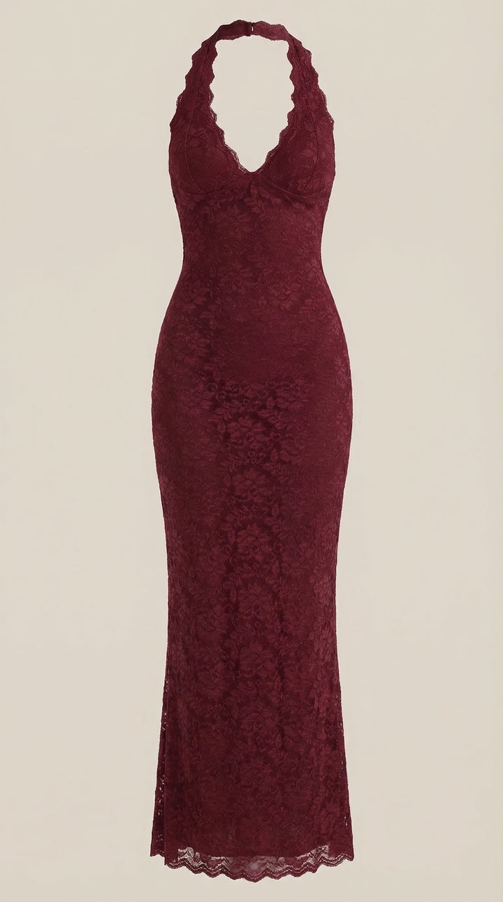 Vestido largo de encaje con escote halter Roxanne