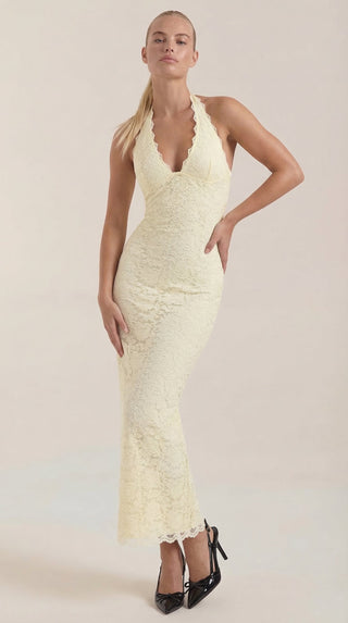 Vestido largo de encaje con escote halter Roxanne