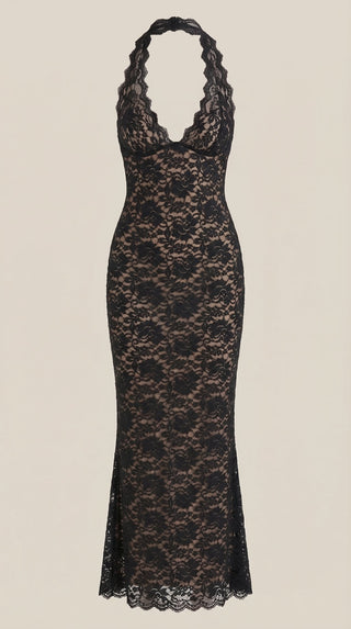 Vestido largo de encaje con escote halter Roxanne