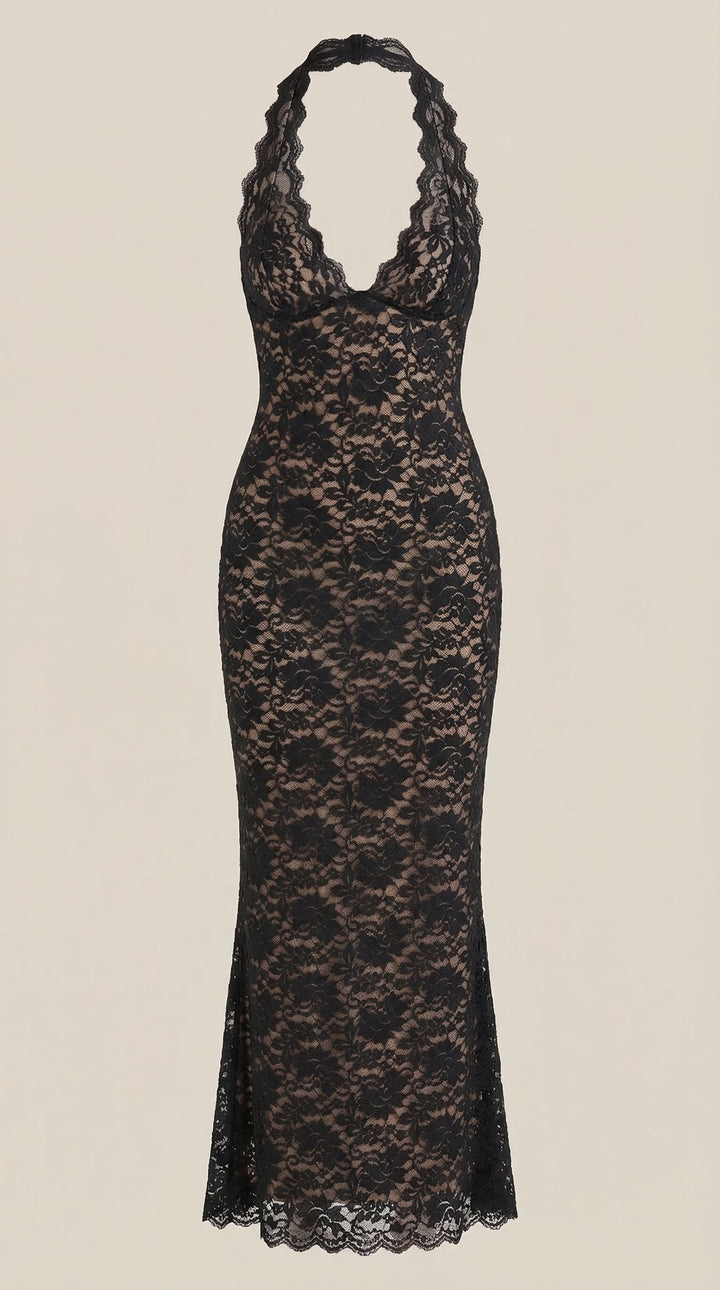 Vestido largo de encaje con escote halter Roxanne